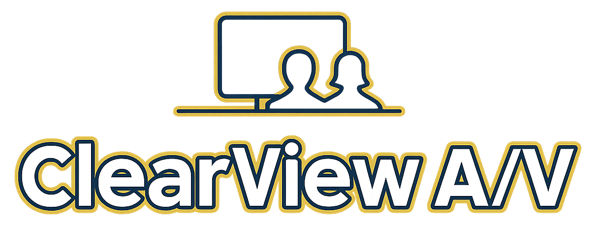 Logo with two people silhouettes in front of a screen.