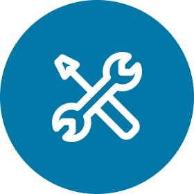 Wrench and screwdriver icon on blue background.