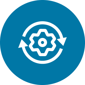 Gear with arrows in blue circle.