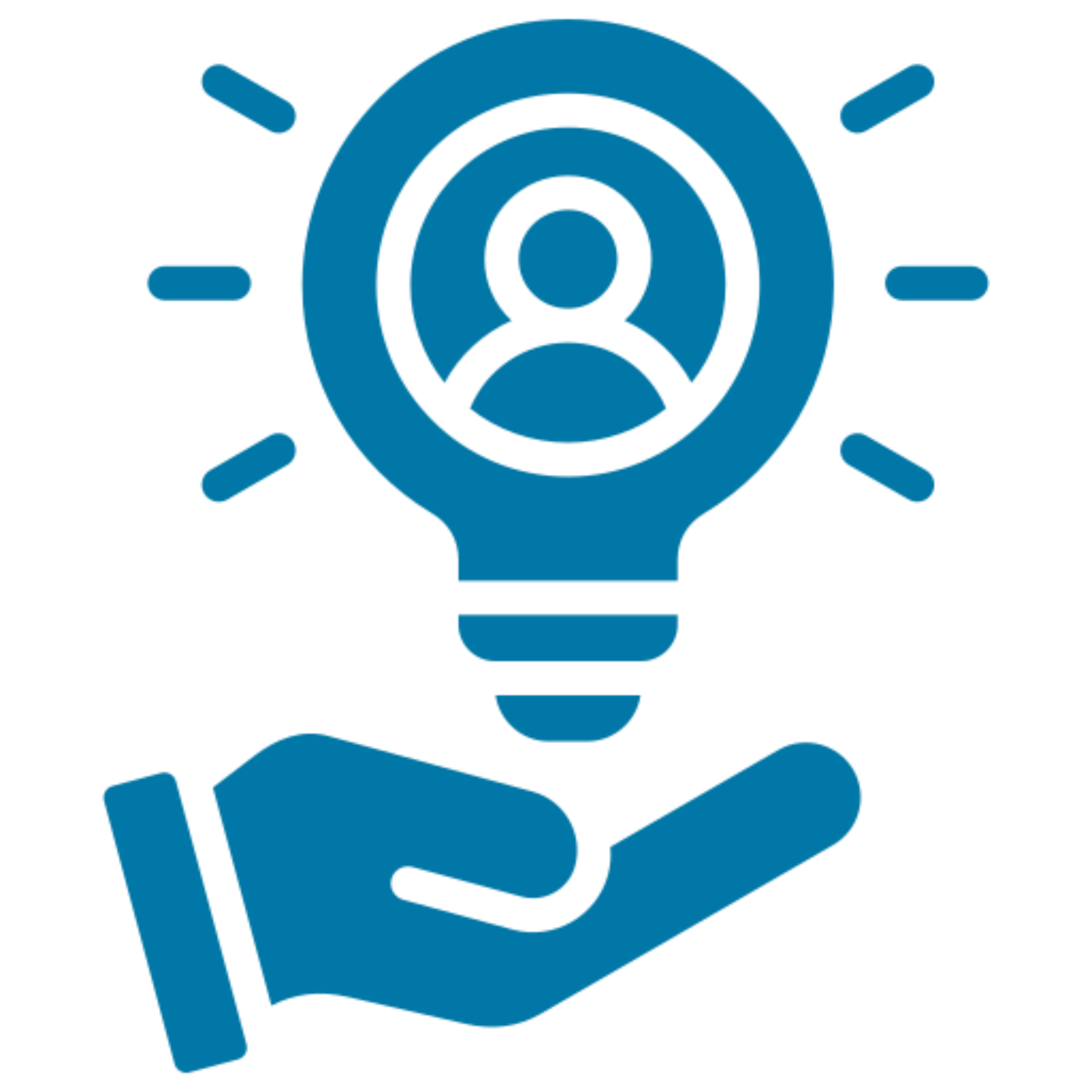 Hand holding lightbulb with person inside.