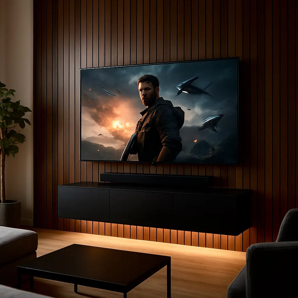 A modern living room with a wall mounted TV displaying a dramatic fantasy scene.