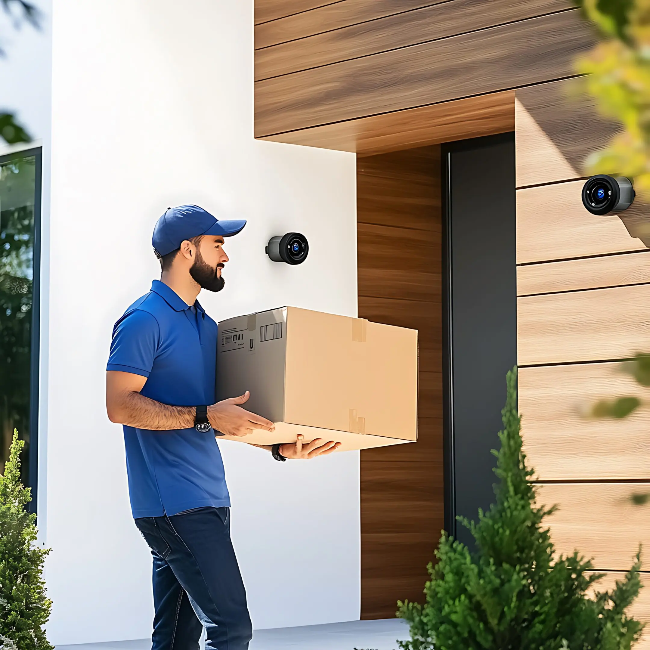 arafed man carrying a box in front of a house