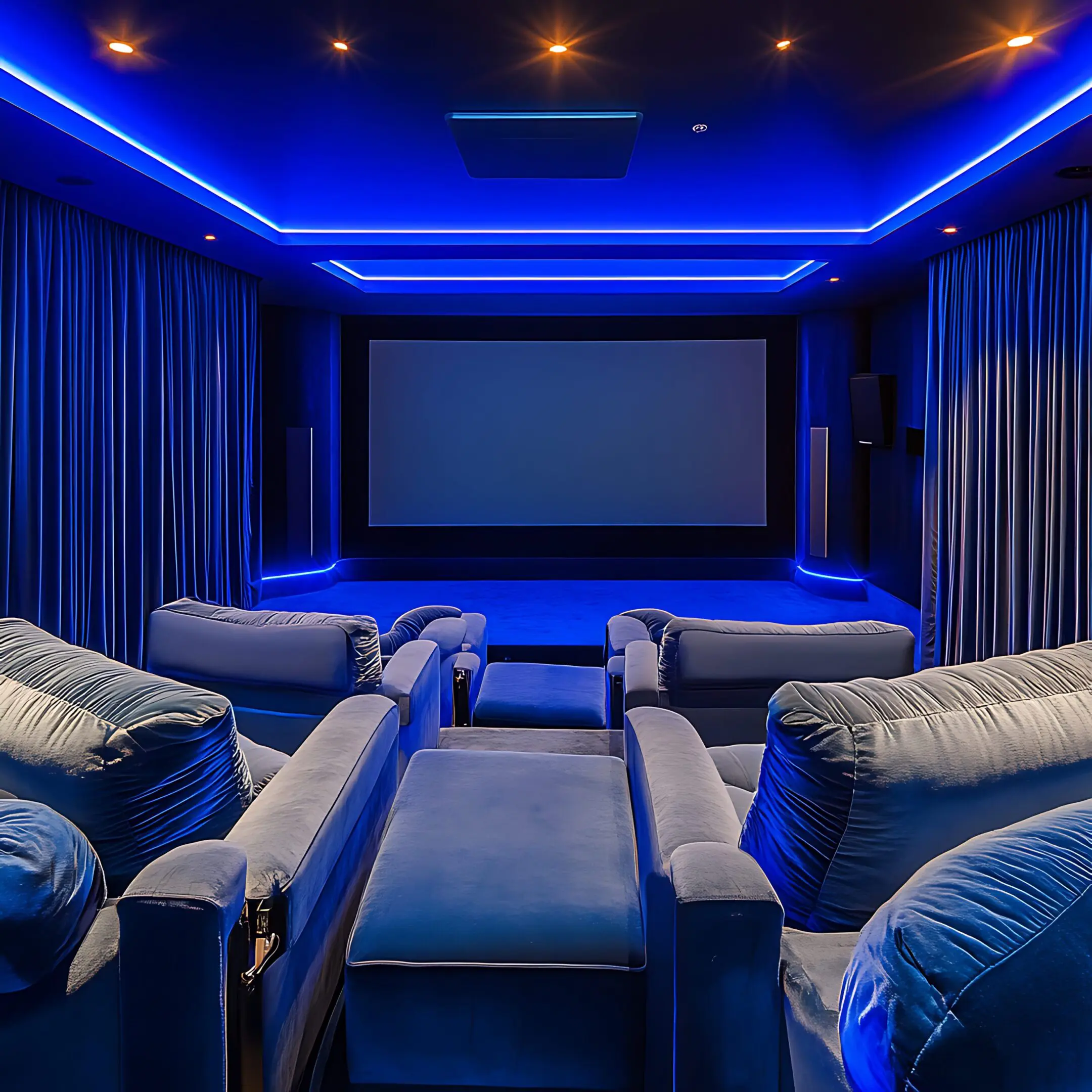 A modern home theater room with blue lighting and comfortable seating. The room features a large projector screen, a surround sound system, and comfortable chairs perfect for watching movies. The blue lighting creates a relaxing and immersive experience.