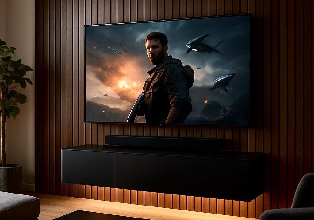 A modern living room with a wall mounted TV displaying a dramatic fantasy scene.